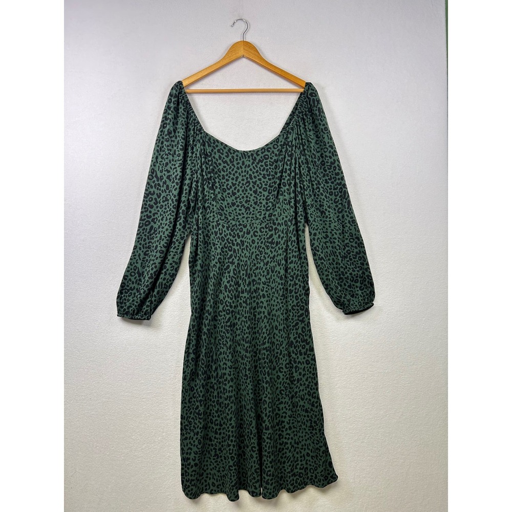 Ava & Viv Leopard Print Midi Dress Womens 1X Green Black Long Sleeve Excellent